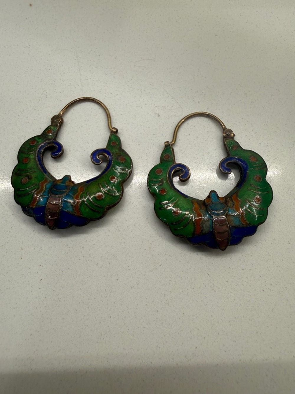 Vintage Double-Sided Cloisonné Enamel Butterfly Hoop Earrings